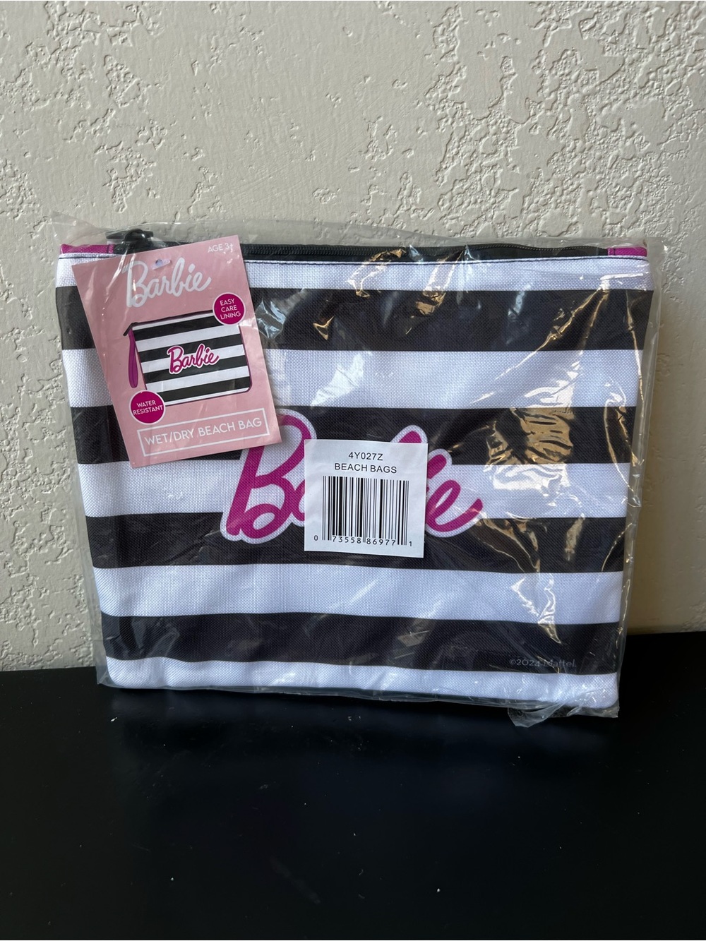 NWT Barbie Black and White Striped Wet/Dry Beach Cosmetic Bag